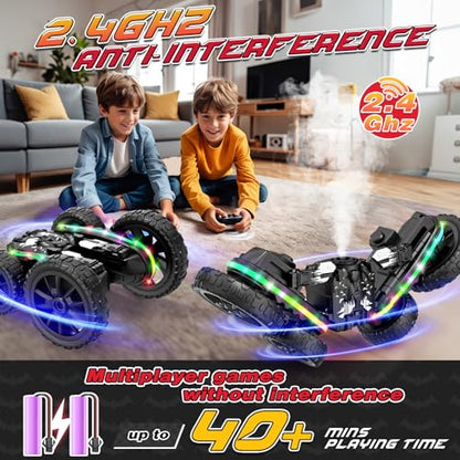 Jimdella RC Cars Toys, 2-in-1 Remote Control Car Transform 4WD with Spray & LED Lights, 2.4GHz Off-Road Stunt Truck for 360° Flips Gift for Boys Age 8-12 (Black) - color: Black