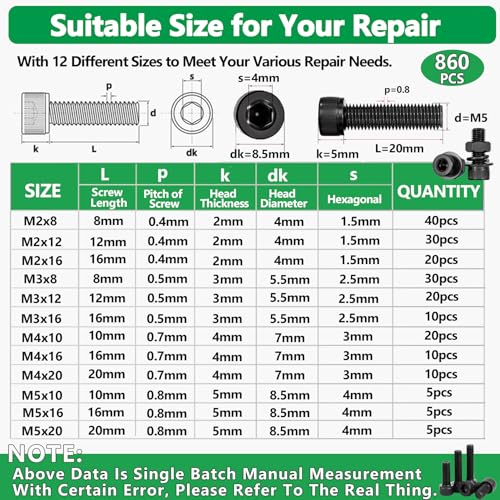 860Pcs M2-M5 Metric Screws, 12.9 Alloy Steel Hex Bolts & Nuts Kit | High-Tensile,M2 M3 M4 M5, Hex Socket Head Cap Bolts & Nuts Kit, With Lock & Flat Washer & Wrench, For 3D Printing,DIY, Home - size: M2 M3 M4 M5 860pcs 3