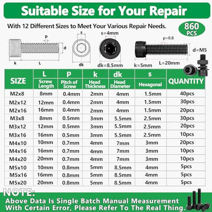 860Pcs M2-M5 Metric Screws, 12.9 Alloy Steel Hex Bolts & Nuts Kit | High-Tensile,M2 M3 M4 M5, Hex Socket Head Cap Bolts & Nuts Kit, With Lock & Flat Washer & Wrench, For 3D Printing,DIY, Home - size: M2 M3 M4 M5 860pcs 3