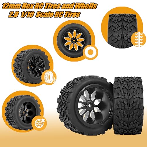 RC Station 12mm Hex RC Wheels and Tires 1/10 Scale RC Truck Tires and Wheels for Traxxas Rustler Stampede 2wd 4x4 vxl Hoss E-Revo Redcat Volcano EPX RIAARIO AMORIL Tires and Wheels Preglued 4PCS