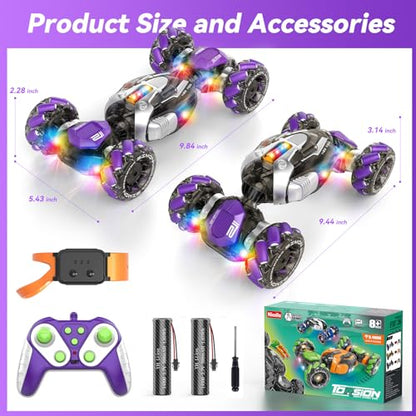 Nicella Gesture Sensing RC Stunt Car, Remote Control Cars Transformer Toys for Age 5-7 6-12 8 9 10 11 Yr Boys Girls Birthday Halloween, 2.4Ghz Hand Control 360° Rotating Toys Car - color: Purple/White