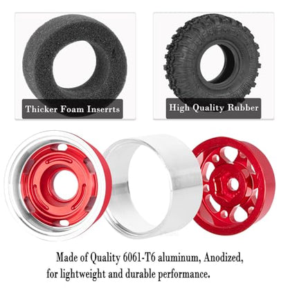 RC 1.0 Beadlock Wheel Tires Set Aluminium Alloy Wheel Tires&Wheels Rims for 1/24 1/18 SCX24 Trx4m RC Crawler Car,RC Wheels and Tires,4PCS（Red - color: Red - (Rc Wheels Tires)