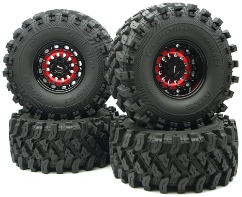Heavy Duty RC Crawler 2.2 Beadlock Wheels Adjustable 2 Offsets and Tires 136mm Tall Soft Sticky Mud Slingers Tyres Rims Hex 12mm for 1/10 SCX10 TRX4 Axial Remote Control Car (Red Black) - color: Red Black