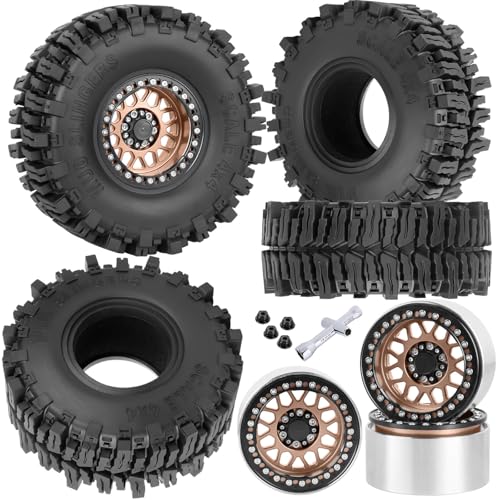 Aluminum 2.2 Wheel Tires for 1/10 SCX10 SCX10 II SCX10 III SCX10 Pro TRX4 TRX6 Gen7/8 D90 VS4-10 MST CFX RC Crawler Car,2.2 Beadlock Wheel Off Road Buggy Rally RC Truck Tires,Bronze - color: Bronze - (4pcs Tires)