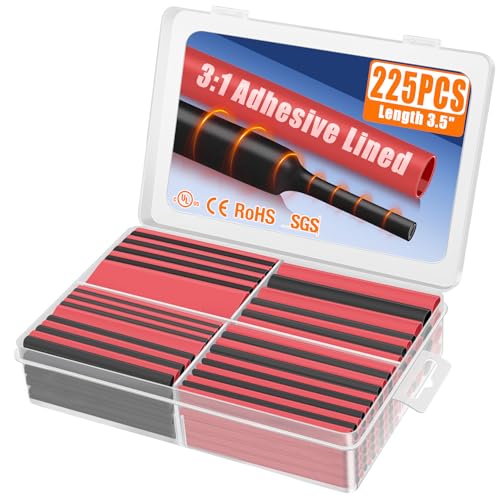 XHF UL Listed 225 Pcs Length 3.45" 3:1 Waterproof Heat Shrink Tubing Kit Marine Grade Adhesive Lined Heat Shrink Tube, Insulation Sealing Oil-Proof Wear-Resistant Black&Red - color: Black&Red, size: 1(225PCS(3/32"-3/4"))-66.5ft