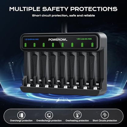 POWEROWL Smart Battery Charger for AA AAA Ni-MH/1.5V Lithium Rechargeable Batteries, Type-C Input, 8-Slot
