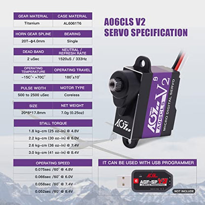 AGFRC 0.052Sec High-Speed RC Micro Servo for Mini-Z Cars (A06CLS V2) | 6g Ultra-Light, 3KG Torque, Purple, Programmable, Digital Coreless Motor, Full Metal Gear, Ideal for 1/24-1/28 RC Cars - style: A06CLS V2 Purple