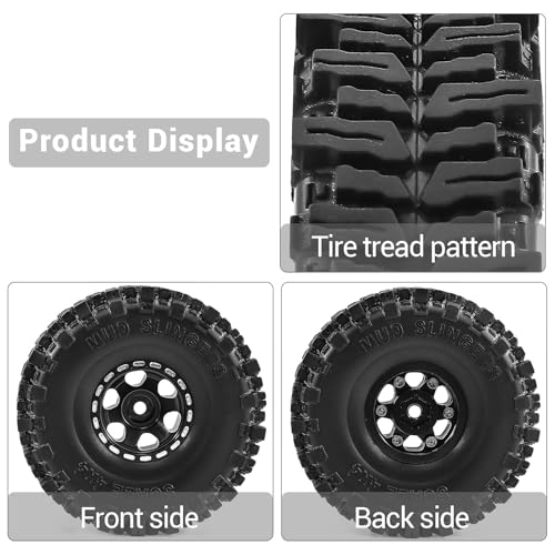 1.0" Beadlock Aluminum Wheels and 64mm Soft Rubber Tires | for SCX24, TRX4M, Ascent 18, FCX24, 1/18 1/24 RC Crawler, 7mm Hex, 0mm Offset, with Foam Inserts, (Black) - color: Black