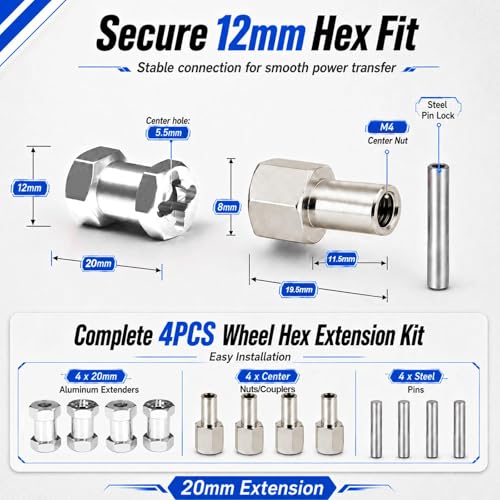 4PCS 12mm Hex Hub 20mm Aluminum Extension Hex for Axial SCX10 D90 90046 | 20mm CNC Wheel Hex Extenders for 1/10 RC Crawlers Redcat Gen7/Gen8 CC01 RC4WD Wider Stance & Tire Clearance with M4 Nuts Pins - color: Sliver