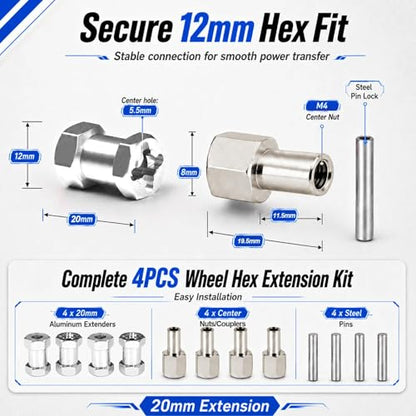 4PCS 12mm Hex Hub 20mm Aluminum Extension Hex for Axial SCX10 D90 90046 | 20mm CNC Wheel Hex Extenders for 1/10 RC Crawlers Redcat Gen7/Gen8 CC01 RC4WD Wider Stance & Tire Clearance with M4 Nuts Pins - color: Sliver