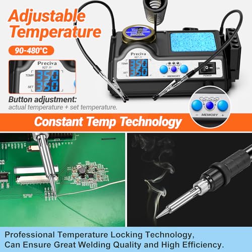 Preciva 927 IV Soldering Station Kit, 130W MAX Soldering Iron with 2 Helping Hands,Magnifying Glass,5 Extra Iron Tips,3 Preset Channels, Adjustable Temperature 194°F to 896°F - size: 927 IV