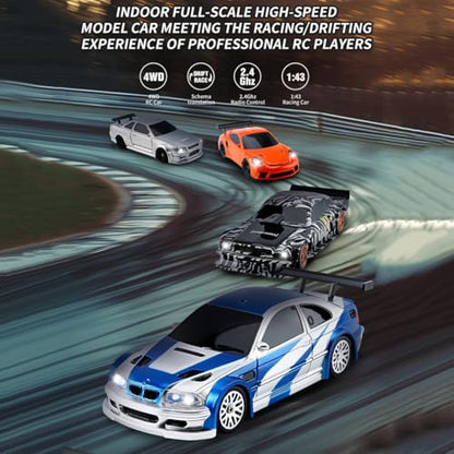 HERR RC Electric Mini Racing Drift Car Model 1:43 Scale 2.4G Full Scale Linkage Light Set Max Speed 15km/h Indoor Mini RC Toys Hobbyist Gift Black White (RTR Version/Silver) - color: Silver