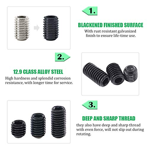 Keadic 450Pcs Internal Hex Drive Cup-Point Screw Assortment Kit - 15 Sizes Alloy Steel Hex Socket Set Cap Point Grub Screws, M3 M4 M5 M6 M8, Black - style: 450pcs Metric M3-M8 Cup Point Set Screw Kit