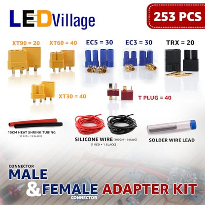 253pcs “Super Kit” T-Plug / XT90 / XT60 / XT30 / EC5 / EC3 / TRX Male & Female Plug Connectors Kit 14 AWG Silicone Wire and Heat Shrink Tubing for Pro RC Lipo Battery - color: 253 (Super Kit)