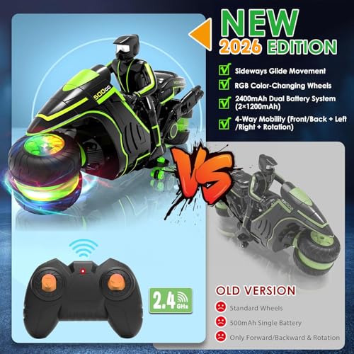 Remote Control Motorcycle, 2026 New Edition with RGB Color-Changing Wheels and Exclusive Sideways Glide, Ready-to-Play with 2 Batteries, 2.4GHz RC Stunt Bike Gift for Kids Boys Girls 5-12 - color: Green