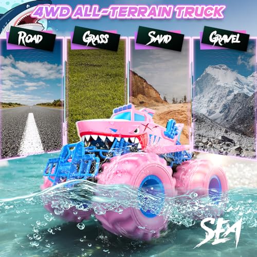 Waterproof Shark Remote Control Car, 1:16 Amphibious RC Cars 4WD All Terrain Off Road Monster Trucks Toys, RC Truck Pool Toys for Kids 3-5 6-8 8-12 Year Old Girl Birthday Gift, Pink - color: Pink