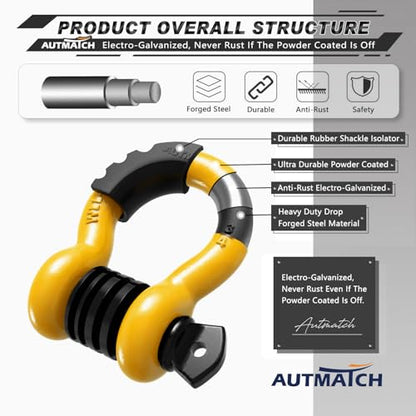 AUTMATCH 3/4" D Ring Shackles (2-Pack) - 41,887 lbs Break Strength | Heavy Duty Clevis Shackle with 7/8" Pin & Isolator Washer Kit for Tow Strap, Winch, Towing & Off-Road Vehicle Recovery,Yellow - color: Yellow & Black