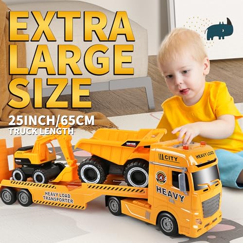 Dwi Dowellin Construction Carrier Truck Kids Toys,25.6" Semi-Trailer Toy with Excavator and Dump Truck,Gifts for Age 3 4 5 6+ Years Old Boys Girls - style: Construction Truck