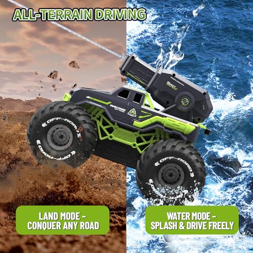 3-in-1 Amphibious Remote Control Car RC Boat with Water Gun, Waterproof RC Monster Truck for Kids 4-7 8-12, 4WD All-Terrain Remote Control Boat for Boy Birthday Gift, Summer Pool Water Toy