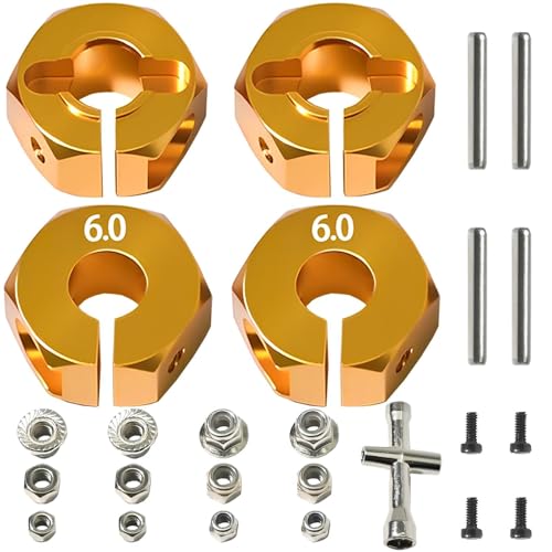 Aluminum 12mm Hex Wheel Hub 4Pcs w/Axle Pin M4 Flange Lock Nut Standard M3 M4 Nut 6mm Thickness Wheel Drive Adapter for 1/10 Traxxas HSP Redcat Rc4wd Tamiya Axial SCX10 WLtoy RC Car(25Pcs) - color: Gold, size: 6.0