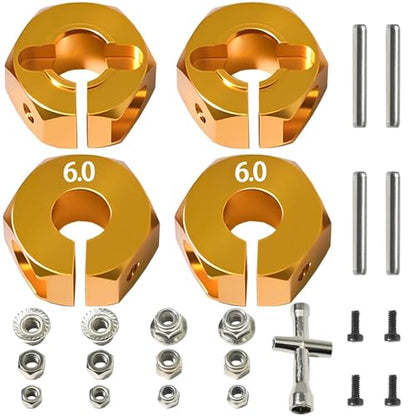 Aluminum 12mm Hex Wheel Hub 4Pcs w/Axle Pin M4 Flange Lock Nut Standard M3 M4 Nut 6mm Thickness Wheel Drive Adapter for 1/10 Traxxas HSP Redcat Rc4wd Tamiya Axial SCX10 WLtoy RC Car(25Pcs) - color: Gold, size: 6.0