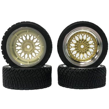 4PCS 65mm RC Rally Car Rubber Tires and Plastic Plating Wheel Rims Set 12mm Hex for 1/10 RC On-Road Rally Drift Racing Car for HSP Tamiya Sakura HPI WR8 HSP TT02 WLtoys (Gold Silver) - color: Gold Silver