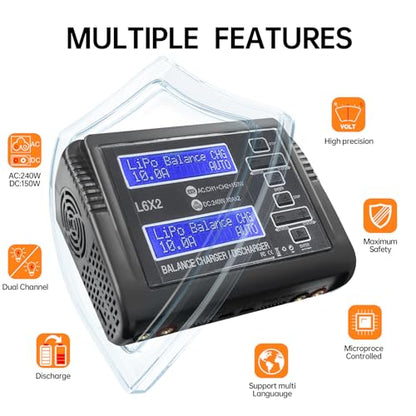 LiPo Battery Charger Dual RC Battery Charger Discharger 240W 10A for 1-6S LiPo LiHV Li-ion Life 1-15S NiCD NiMH PB Smart Batteries, Dual Channel Fast Balance Charger, RC Car Drone Boat