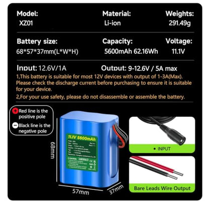 CITYORK 12V Lithium Battery 5600mAh with Charger, Bare-Leads, Cable Connector, 12V Rechargeable Battery for DIY Projects, Speaker Box, RC Car, LED Light Strip, CCTV Camera, etc (9-12.6V)
