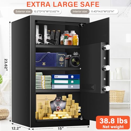 23.62'' Tall Extra Large Home Safe Box, Safe with Fireproof Waterproof Document Bag, Digital Keypad and 3 Removable Steel Shelves, Security Box for Money Medicines Jewelry Valuables - size: 5.0 Cubic Feet