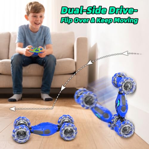VisionX RC Stunt Cars, Unique 2.4GHz 4WD 360° Rotating Gesture Sensing | Boys and Girls Ages 6-12, Double‑Sided Driving RC Drift Car, Birthday and Christmas Cool Car Toys Gifts for Kids, 2 Batteries - color: Vibrant Blue