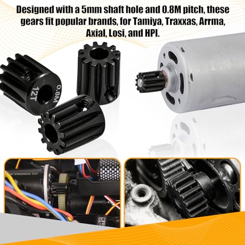 3-Pack Steel Metal 0.8M 5mm Pinion Motor Gear Sets 12T Compatible with HPI Kyosho Losi Axial Tamiya 1/8 1/10 RC Car Monster Truck Buggy, 0.8 Module Gear for Traxxsa Arrma - style: 3Pcs 12T