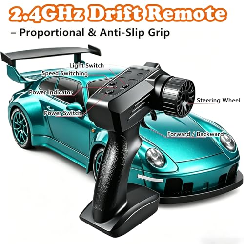 RC Drift Car, 1:24 Scale Remote Control Vehicle with LED Lights,Drifting Tires＆Two Batteries, Racing Sports Toy Idea Gift for Adults Boys Girls and Kids (Lake Blue) - color: Lake Blue