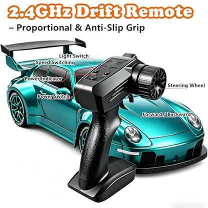RC Drift Car, 1:24 Scale Remote Control Vehicle with LED Lights,Drifting Tires＆Two Batteries, Racing Sports Toy Idea Gift for Adults Boys Girls and Kids (Lake Blue) - color: Lake Blue