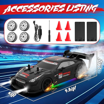 RC Drift Car 1:20 Scale Remote Control Cars 2.4GHz 4WD High Speed RTR Racing Vehicle with LED Lights 2 Rechargeable Batteries and Drifting Tires Racing Sport Toy Car for Adults Kids Boys Girls - color: Black