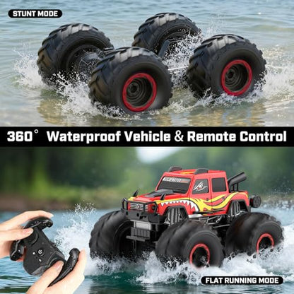 WayEee Amphibious Remote Control Car All Terrain RC Monster Truck Toys/Red | waterproof 4X4 monster truck off-road vehicles 2.4GHz remote control 1/18 Scale rc car toy for kids 6+ boys girls gifts - color: Red