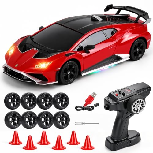 YESHIN 1：24 Lamborghini Haracan Drifting Car Gray, Lamborghini Toy Car, RC Cars for Boys Age 8-12, 2.4GHz Remote Control Car with Light - color: A-red