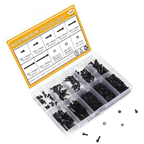 565 Pieces M2 Screws Nuts Washers Set Black, Sutemribor M2 x 4/6/8/10/12/16/20mm Hex Socket Head Cap Screws Nuts Washers Assortment Kit, 12.9 Grade Alloy Steel, Fully Threaded - size: M2, style: Socket Head