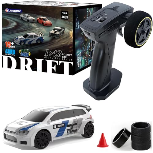 1/43 Mini RC Drift Car 2.4GHz RTR Full Proportional Remote Control Rally Sport Cars 4WD High Speed Racing Lights Kit and Racing Tires (4307) - color: White-red