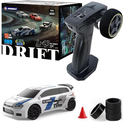 1/43 Mini RC Drift Car 2.4GHz RTR Full Proportional Remote Control Rally Sport Cars 4WD High Speed Racing Lights Kit and Racing Tires (4307) - color: White-red