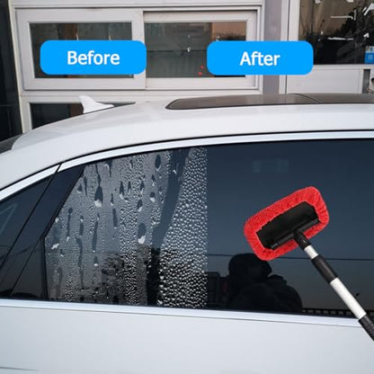 Car Windshield Cleaner Tool, Extendable Handle Pentagonal Vehicle Window Cleaning Kit with 4 Reusable Microfiber Pads & Spray Bottle, Auto Windscreen Detailing Cleaner, Universal Fit (Red) - size: Red