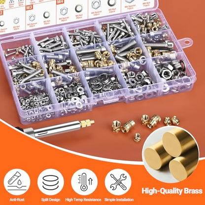 Preciva Threaded Inserts Set, 716Pcs Heat Set Inserts Nuts Bolts with M2 M3 M4 M5 M6 Insert-Tip, 60W Soldering Iron and Holder, for 3D Printer Parts or Plastic Parts