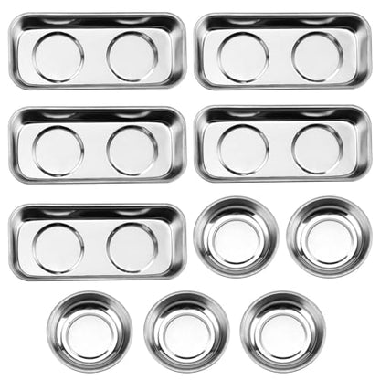 SINJEUN 10 Pieces Rectangle Magnetic Part Tray, 2 Sizs Magnetic Tray Set 6x2.55x1 and 2.95x1 Inch Stainless Steel Magnetic Tray Holder for Screws, Nut, Bolt and Metal Part - size: Rectangle + Round
