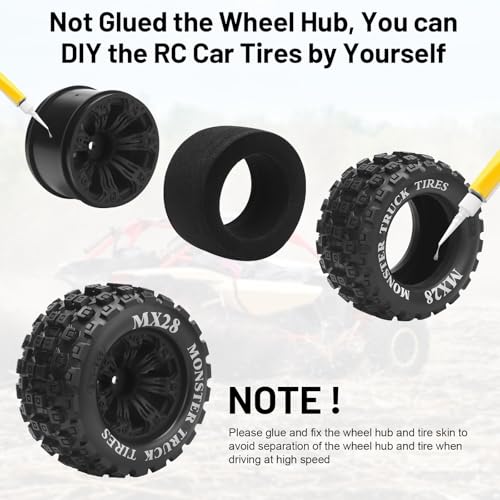 12mm Hex RC Wheels and Tires, daitoku MX28 RC Truck Tires for Traxxas Rustler Stampede Hoss 2wd 4x4 vxl Redcat RIAARIO AMORIL - Style B (Black) Not Glued