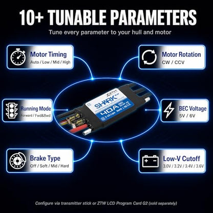 ZTW Shark G2 40A ESC 2-4S Built-in Swithcing BEC 5V/6V 4A Water-Cooling Bidirectional Waterproof Brushless Speed Controller for RC Boat Marine - size: 40A