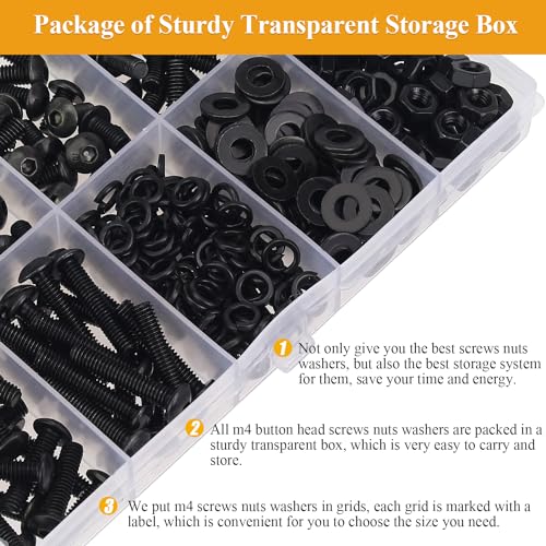 385 Pieces M4 Screws Nuts Washers Set Black, Sutemribor M4 x 5/6/8/10/12/16/20mm Button Head Socket Cap Screws Nuts Washers Assortment Kit, 10.9 Grade Alloy Steel, Fully Threaded - size: M4, style: Button Head Socket Cap