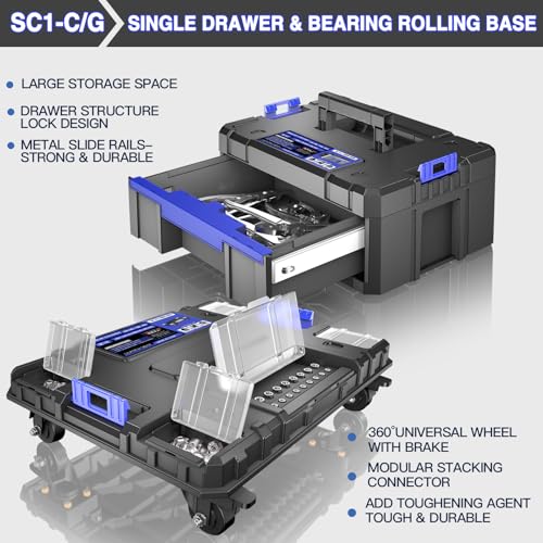 5 Tier Stackable Tool Box with Wheels,Rolling Tool Box with Drawers,Modular Tools Organizer,Portable Tool Box with Transparent Parts Box,Large Capacity Toolbox,for Garage Storage,Home and Repair Shop