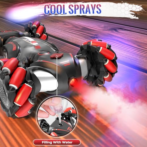 Fosgoit Gesture Sensing RC Stunt Car Toys for 6-12 Boys Girls | Birthday Gifts for Kids 2.4Ghz 4WD Hand Controlled RC Car with Light & Music & Spray, Double-Sided 360° Rotating - color: Black Red