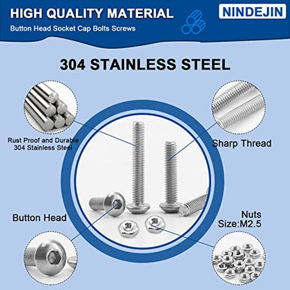 NINDEJIN 322 Pcs M2.5 Small Metric Screw Bolts Assortment, Button Head Socket Cap Screw Bolts and Nuts with Allen Key, M2.5 x 3/4/5/6/8/10/12/16/20 mm Screw Bolt, 304 Stainless Steel Screws and Nuts - size: 322Pcs M2.5 3mm-20mm