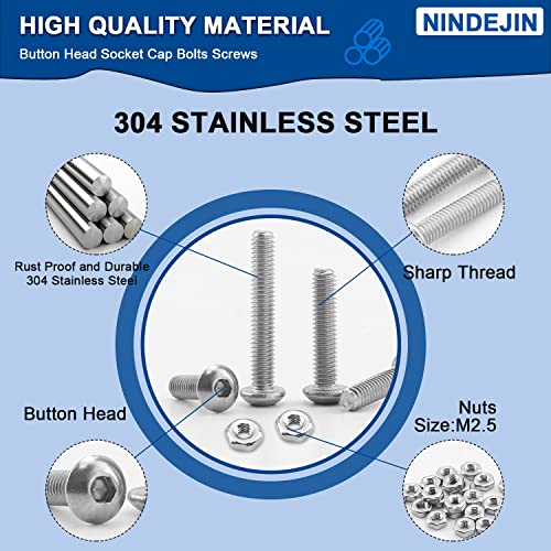 NINDEJIN 322 Pcs M2.5 Small Metric Button Head Socket Cap Screws Bolts Set | 304 stainless steel, Corrosion resistance, Rust-proof, Round head hexagon socket screw set, for 3D printers, Bolts Nuts Keys - size: 322Pcs M2.5 3mm-20mm