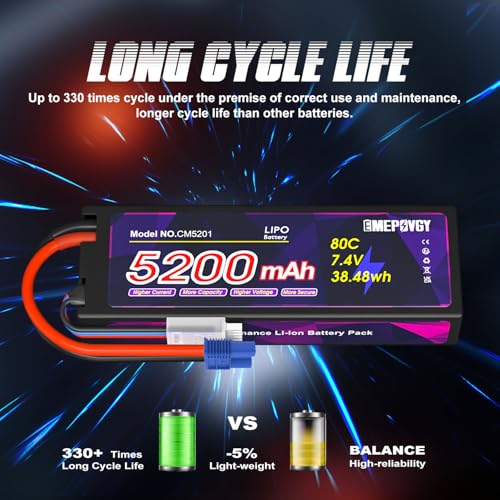 7.4V Lipo Battery 2S 5200mAh 80C Lipos Hard Case with EC3 Connector for RC Car Trucks 1/8 1/10 RC Vehicles(2 Packs) - color: EC3